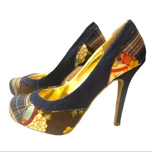 Patchwork Denim Plaid Hidden Platform Heels